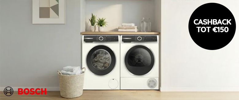 Tot €150,- cashback op geselecteerde zuinige Bosch wasmachines, drogers en was-droogcombinaties